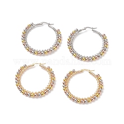 2 paio di orecchini a cerchio con perline intrecciate in ottone tondo a 2 colori, 304 gioielli avvolgenti in filo di acciaio inossidabile per le donne, oro & colore acciaio inossidabile, 44x45.5x4mm, ago :0.6mm, 1 paio / colore