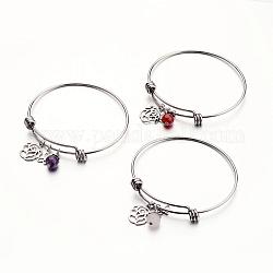 304 Stainless Steel Bangles, with Natural Gemstone Beads and 304 Stainless Steel Findings, Mixed Color, 64mm