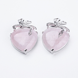 Ciondoli quazo rosa naturale, con accessori di ottone, cuore, platino, 32x47.5x12mm, Foro: 4x5 mm