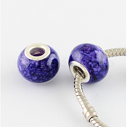 Spray Painted Glass European Beads, with Silver Color Plated Brass Core, Large Hole Beads, Rondelle, Indigo, 14~15x11mm, Hole: 4.5~5mm