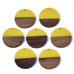 Подвески из смолы и дерева, плоско-круглые, желтые, 28.5x3.5~4 мм, отверстие : 1.5 мм