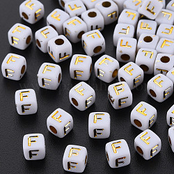 Perle acriliche bianche opache, metallo allacciati, cubo con lettere, letter.f, 4.5mm, Foro: 2 mm, circa 5000pcs/500g