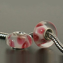 Rondelle Pink Handmade Lampwork Large Hole European Beads, with Single Silver Color Cupronickel Core, 14x8mm, Hole: 4.5mm