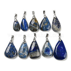 Pendentifs en lapis lazuli naturel, Breloques en forme de larme avec bélières en laiton plaqué platine, 23~41x14~26x5.5~9mm, Trou: 6x4mm