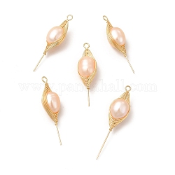 Colgantes de perlas naturales, charm de flores, con alambre de latón envuelto, real 14k chapado en oro, 35x9.5x8.5mm, agujero: 2 mm