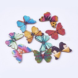 Деревянные пуговицы, 2-луночное, окрашенные, бабочка, разноцветные, 20.5x28.2x2 мм, отверстие : 1.4 мм