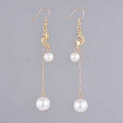 Dangle Earrings, with Glass Pearl Round Beads, Brass Micro Pave Cubic Zirconia Links, Brass Cable Chains and Earring Hooks, with Cardboard Packing Box, Moon and Star, Real 18K Gold Plated, 90mm, Pin: 0.6mm
