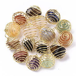 5pcs pendentifs de cage de perles en spirale enveloppante en fer, avec des perles de pierres précieuses mélangées à l'intérieur, ronde, 21x24~26mm, Trou: 5mm