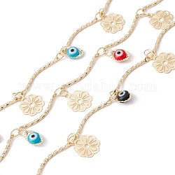 Handmade Eco-friendly Brass Curved Bar Link Chain, with Flower & Glass Horse Eye Charms, Real 18K Gold Plated, Lead Free & Cadmium Free, Soldered, with Spool, Colorful, 18x1x1mm