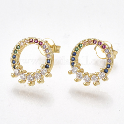 Brass Micro Pave Cubic Zirconia Ear Studs, with Ear Nuts, Ring, Golden, 12x11mm, Pin: 0.7mm