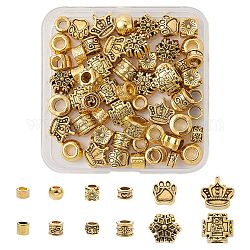 60pcs 12 perles européennes en alliage de style tibétain, Perles avec un grand trou   , formes mixtes, Or antique, 7~12x4.5~13x4.5~9.5mm, Trou: 4.1~6mm, 5 pièces / style