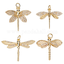 Beebeecraft 8Pcs 4 Styles Brass Micro Pave Cubic Zirconia Pendants, with Jump Ring, Long-Lasting Plated, Dragonfly, Real 18K Gold Plated, 20~24x23.5~30.5x2~3mm, 2pcs/style