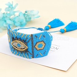 Friendship Eye Loom Pattern Seed Beads Bracelets for Women, Adjustable Tassel Nylon Cord Braided Bead Bracelets, Dodger Blue, 11 inch(28cm), 40mm