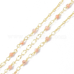 Handgemachte Perlenkette aus Messing und natürlichem Sonnenstein, mit Spule, langlebig plattiert, gelötet, 9.5x3.5 mm, ca. 10.93 Yard (10m)/Rolle