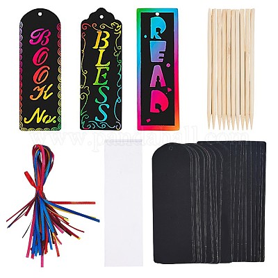 Bookmarks Making Kit, with Blank Paper Cards with Hole, Ribbon and Bamboo  Sticks, for DIY Scratch Art Paper Magic Bookmark Gift Tags, Black