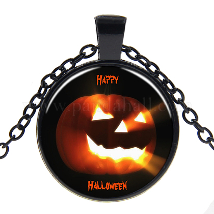 ハロウィンモチーフガラスペンダントネックレス 合金パーツ カボチャのジャック オー ランタンとワードハッピーハロウィンのフラットラウンド ガンメタ色 17 7インチ 45cm ペンダント 27mmの通販 Jp Pandahall Com