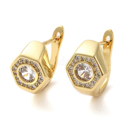 Real 18K Gold Plated Brass with Cubic Zirconia Hexagon Hoop Earrings KK-Z033-30A-1