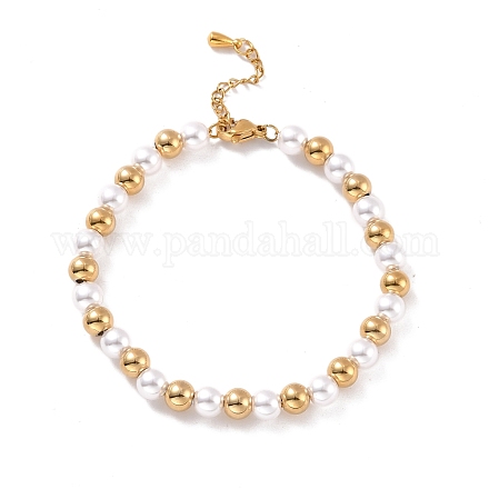 Chapado al vacío 201 pulsera de cuentas redondas de perlas de acero inoxidable y plástico para mujer STAS-D179-01G-1