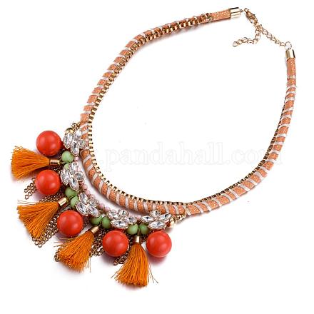 Fashion Women Jewelry Zinc Alloy Resin Round and Tassel Bib Statement Necklaces NJEW-BB15486-C-1