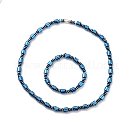 Synthetic Hematite & Brass Column Beaded Necklace Bracelet with Magnetic Clasps SJEW-G079-01A-1