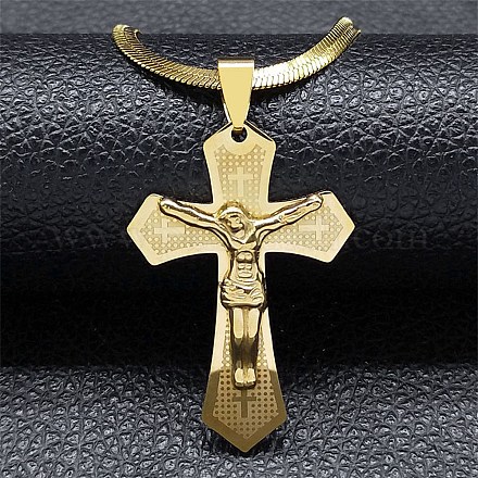 304 Stainless Steel Cross with Jesus Pendant Necklaces NJEW-G115-04G-1