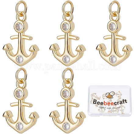 Beebeecraft 10Pcs/Box 18K Gold Plated Nautical Anchor Charms Cubic Zirconia Ship Sign Metal Pedants for Summer DIY Jewelry Bracelet Necklace Earring Making Crafting KK-BBC0003-23-1
