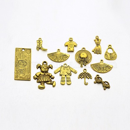 混合形状チベットスタイルの合金のペンダント  アンティーク黄金  16~42x11~23x2~4.5mm  穴：2~3mm  11個/セット TIBEP-X0134-AG-1
