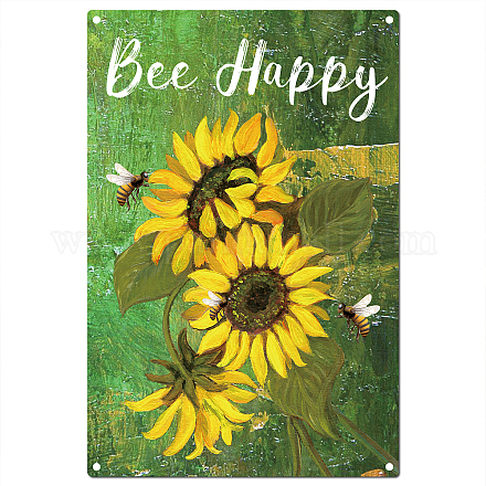 CREATCABIN Metal Tin Sign Bee Happy Signs Sunflower Vintage Wall Art Decor Funny Rustic Farmhouse Backyard Home Kitchen Bar Coffe Garden Decorations 8 x 12 Inch AJEW-WH0157-190-1