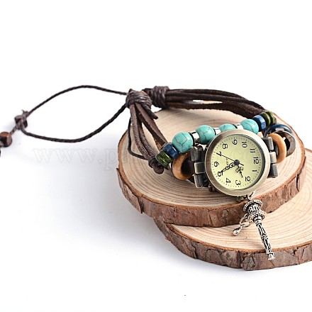 マルチ連レザー合金クォーツ時計のブレスレット  宝石とウッドビーズ付き  鉄や真鍮パーツ  ココナッツブラウン  56mm BJEW-O106-02D-1
