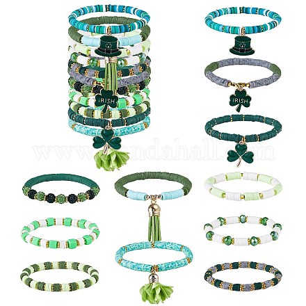 11Pcs 11 Style Alloy Enamel Clover & Cloth Flower Tassel Charm Stretch Bracelets Set BJEW-SW00101-1
