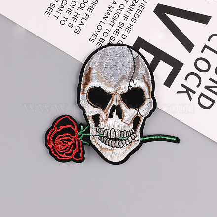 Skull with Rose Computerized Embroidery Style Cloth Iron on/Sew on Patches SKUL-PW0002-112I-1