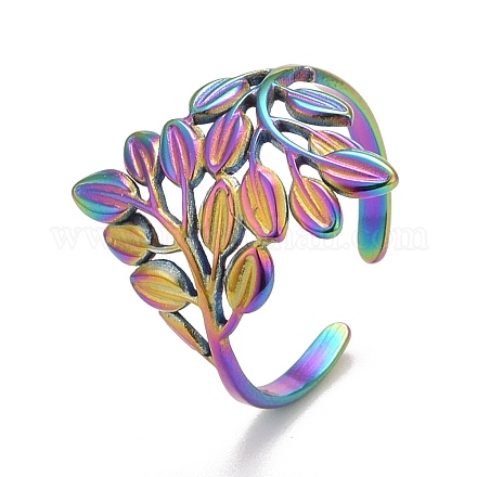 Placcatura ionica color arcobaleno (ip) 304 anello polsino aperto avvolgente in foglia di acciaio inossidabile per le donne RJEW-A005-12-1