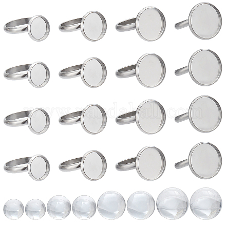 SUNNYCLUE 40Sets 80Pcs Cabochon Ring Blanks Glass Cabochons Ring Base Stainless Steel Rings Bezel Flat Round Tray Adjustable Finger Rings Findings for Women DIY Silver Color Ring Making kits Supplies DIY-SC0019-90-1