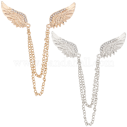 GORGECRAFT 2Pcs Collar Clip Chain Rhinestone Double Angel Wing Brooch Pin with Hanging Chain Lapel Pin for Wedding Party Men Women Coat Suit Shirt Collar Decoration Jewellery Accessories Gift JEWB-GF0001-21-1