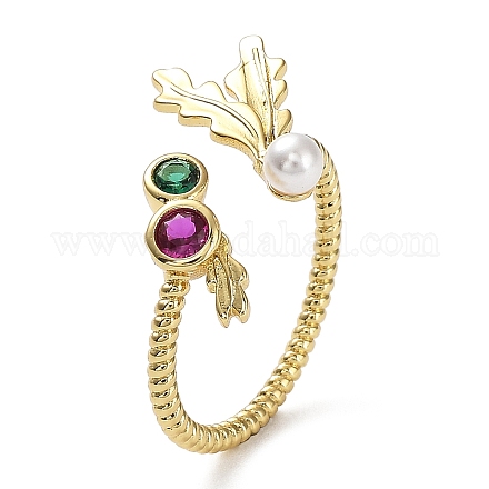 Rack Plating Brass Micro Pave Cubic Zirconia Open Cuff Ring with Plastic Pearl Beaded RJEW-Q777-15G-1