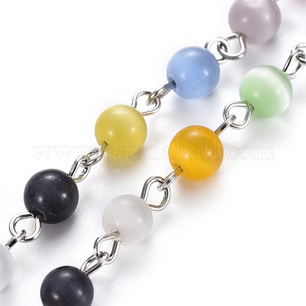 Chaînes manuelles avec perles d'œil de chat AJEW-JB00480-01-1