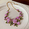 Spring Alloy Rhinestone & Plastic Pearl Rose Flower Garland Bib Necklaces for Women, Golden, Violet, 19.25 inch(48.9cm)