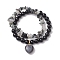 2pcs 2 Styles 6mm Round & Chip Natural Dyed & Heated Black Agate Beaded Stretch Bracelet Sets, Heart Charm Stackable Bracelets for Women, Inner Diameter: 2-1/8~2-3/8 inch(5.5~6cm), 1pc/style