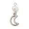 Natural Cultured Freshwater Pearl & Brass Pendants, Moon Charms, Rack Plating, Cadmium Free & Lead Free, Long-Lasting Plated, Platinum, 24x8.5x5.5mm, Hole: 1.8mm