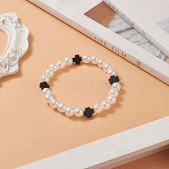 Braccialetto elasticizzato da donna con croce in onice nero naturale e plastica abs con perline in imitazione di perle&nbsp;BJEW-JB09219