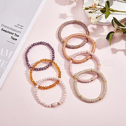 7 pièces 7 style fait à la main en argile polymère heishi surfeur ensemble de bracelets extensibles&nbsp;BJEW-SW00073-04