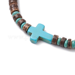 Bracciali elastici incrociati in cocco naturale e perline sintetiche turchesi per uomo&nbsp;BJEW-JB11389-01