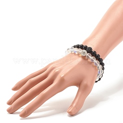 Set di bracciali elastici in pietra di luna sintetica e perline rotonde in pietra nera&nbsp;BJEW-JB07487