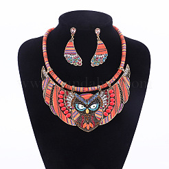 Colliers pendentifs en alliage de strass et cordon en polyester en forme de hibou et ensembles de boucles d'oreilles pendantes&nbsp;FS-WGE12EA-02