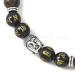 3 bracciale elastico con perline om mani padme hum intagliate in legno rotondo e ossidiana naturale&nbsp;BJEW-JB12670