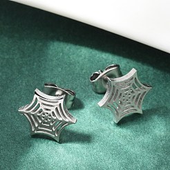 Anlaufgeschützte Ohrstecker aus 304 Edelstahl mit Spinnennetz-Motiv&nbsp;X-EJEW-G294-01P