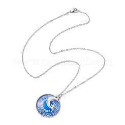 Collana con pendente piatto rotondo in acciaio e vetro blu&nbsp;NJEW-JN04453-03