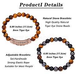2 set di 2 bracciali elastici in occhio di tigre naturale tinto e riscaldato e pietre preziose&nbsp;BJEW-SW00092
