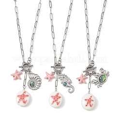 Colliers pendentifs ovales en porcelaine faits main avec pendentif en forme d'étoile de mer et d'animaux marins en acier inoxydable 304&nbsp;NJEW-JN06563