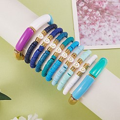 10pcs 10 bracelets extensibles perlés heishi en argile polymère faits à la main avec coeur&nbsp;BJEW-SW00036-03